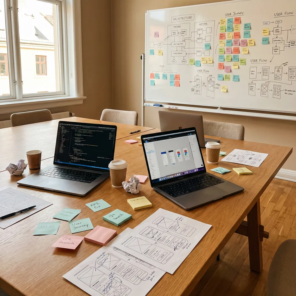 Session de travail : code, maquettes et architecture sur la table